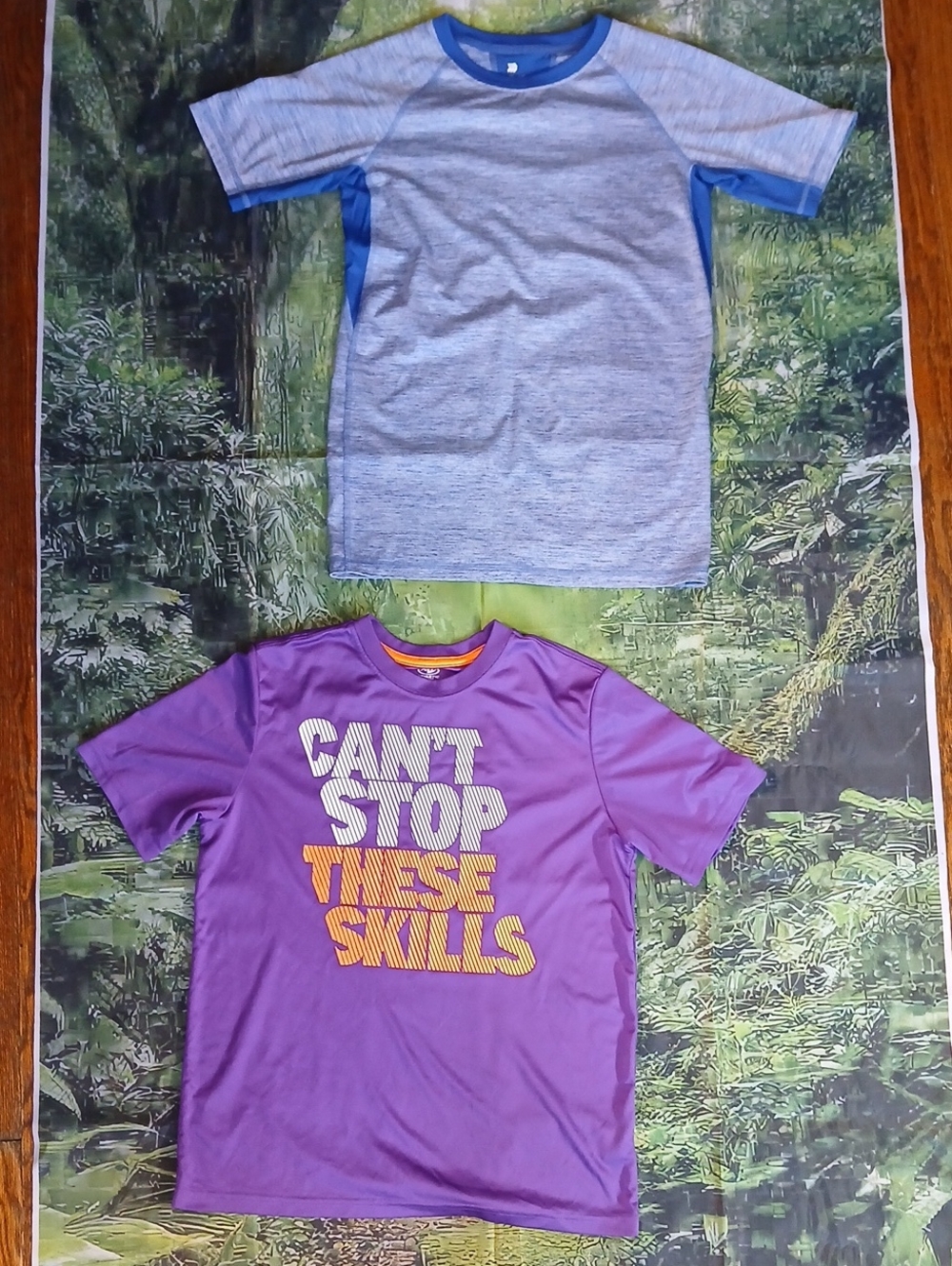 Tee Shirts...Purple Graphic Tee - Can't Stop These Skills...Blue contrast Mesh